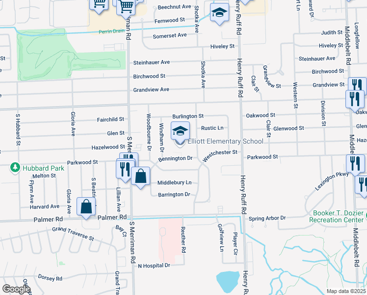 map of restaurants, bars, coffee shops, grocery stores, and more near 30800 Bennington Street in Westland