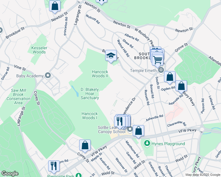 map of restaurants, bars, coffee shops, grocery stores, and more near 178 Gerry Road in Brookline