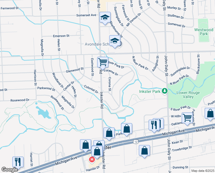 map of restaurants, bars, coffee shops, grocery stores, and more near 1432 Corona Street in Inkster