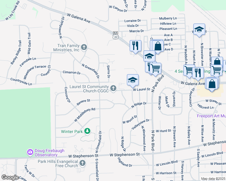map of restaurants, bars, coffee shops, grocery stores, and more near 1802 West Laurel Street in Freeport
