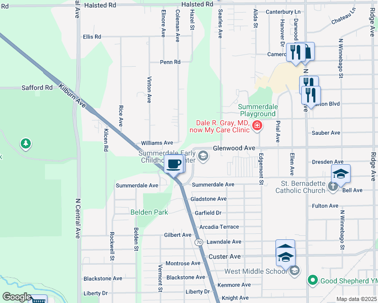 map of restaurants, bars, coffee shops, grocery stores, and more near 3215 Glenwood Avenue in Rockford