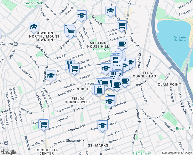 map of restaurants, bars, coffee shops, grocery stores, and more near 41 Ditson Street in Boston