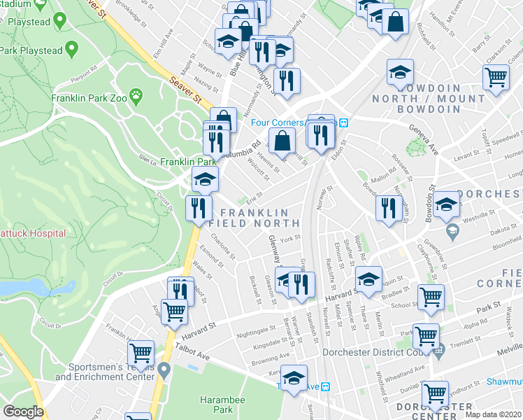 map of restaurants, bars, coffee shops, grocery stores, and more near 90 Ellington Street in Boston