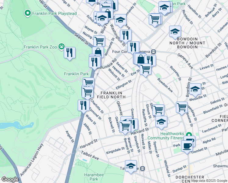 map of restaurants, bars, coffee shops, grocery stores, and more near 90 Ellington Street in Boston