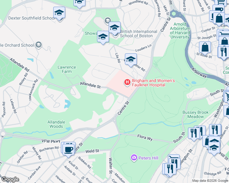 map of restaurants, bars, coffee shops, grocery stores, and more near 46 Allandale Street in Boston