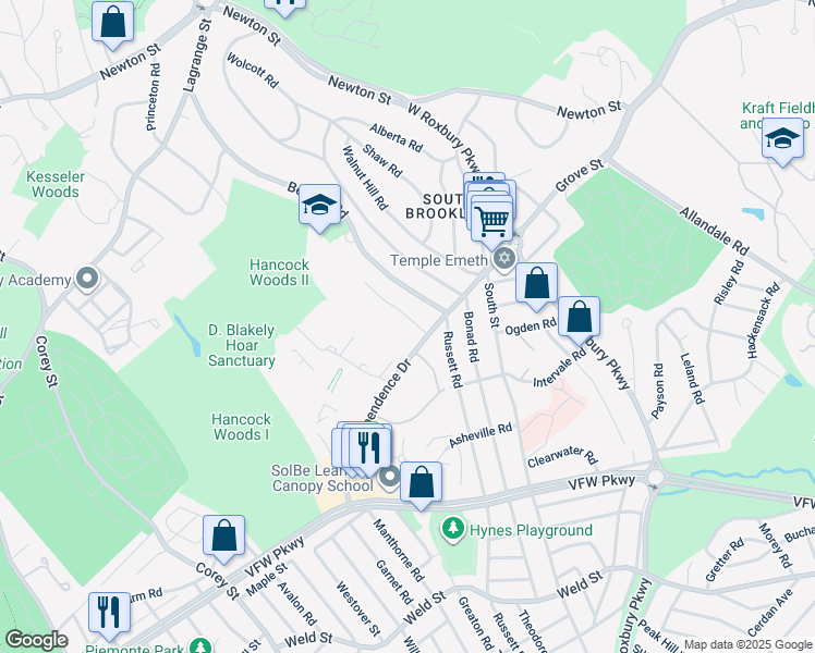 map of restaurants, bars, coffee shops, grocery stores, and more near 271 Beverly Road in Brookline
