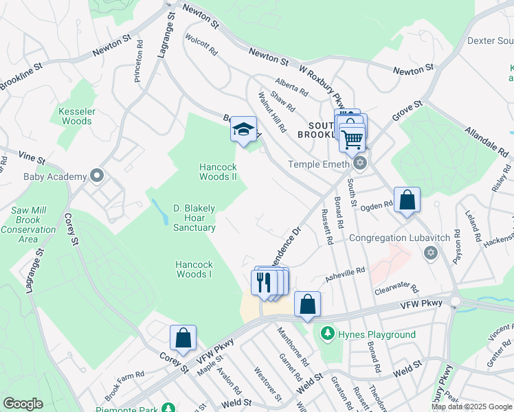 map of restaurants, bars, coffee shops, grocery stores, and more near 178 Gerry Road in Brookline