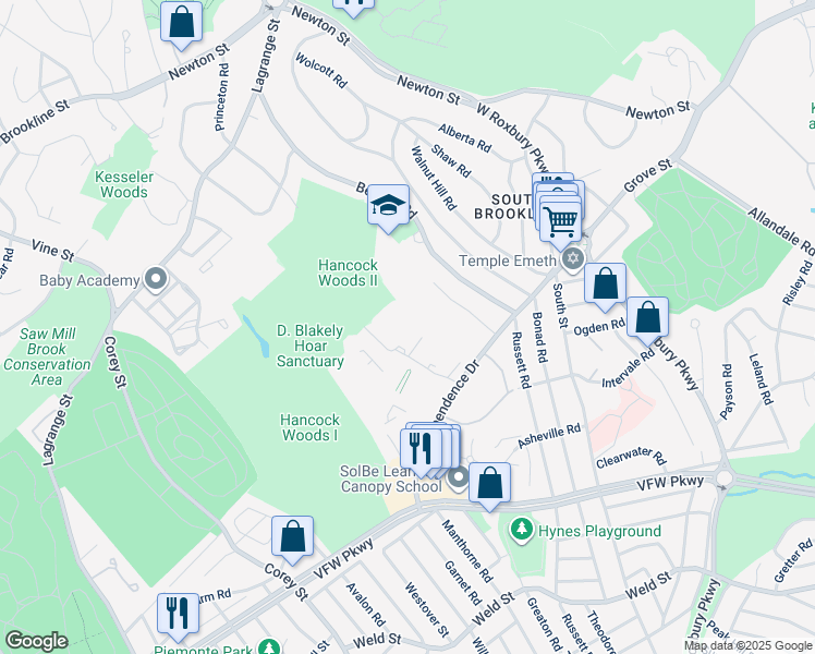 map of restaurants, bars, coffee shops, grocery stores, and more near 178 Gerry Road in Brookline