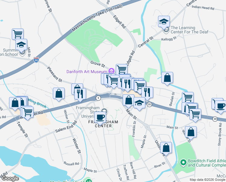 map of restaurants, bars, coffee shops, grocery stores, and more near 6 Vernon Street in Framingham