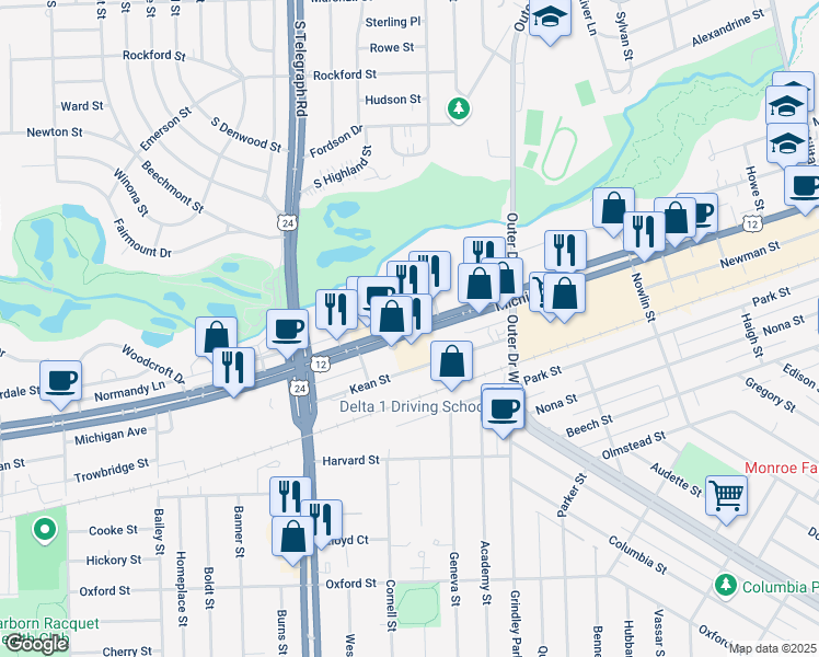 map of restaurants, bars, coffee shops, grocery stores, and more near 23730 Michigan Avenue in Dearborn