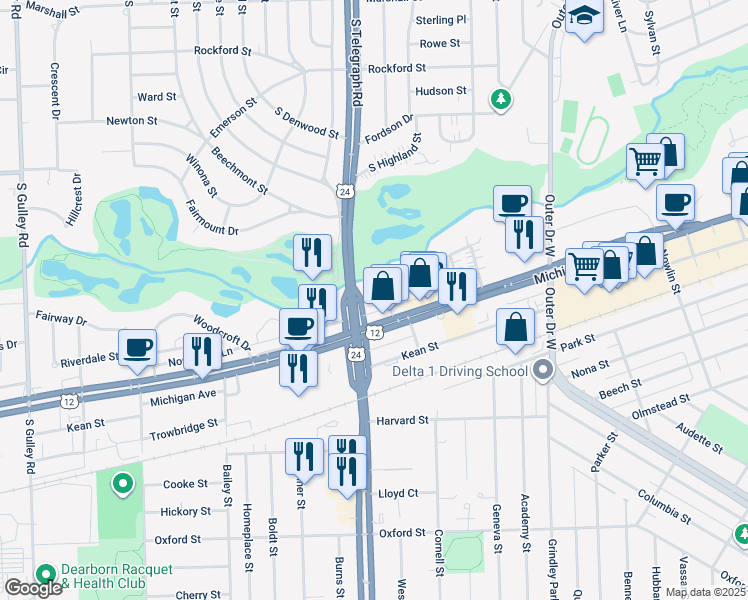 map of restaurants, bars, coffee shops, grocery stores, and more near 1439 South Telegraph Road in Dearborn