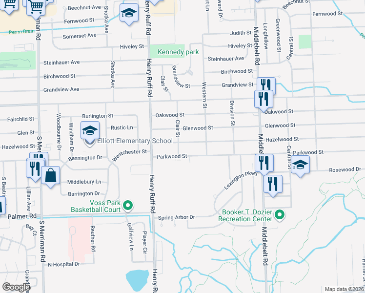 map of restaurants, bars, coffee shops, grocery stores, and more near 30072 Hazelwood Street in Inkster