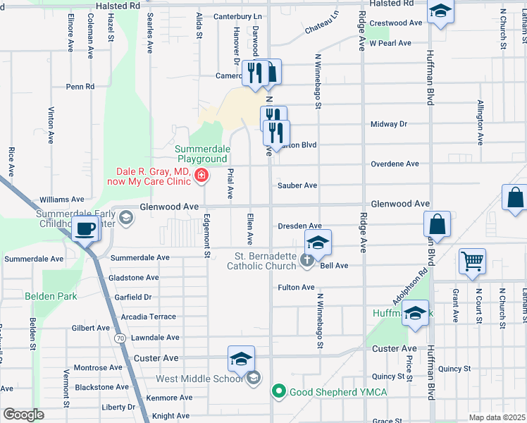 map of restaurants, bars, coffee shops, grocery stores, and more near 2706 North Rockton Avenue in Rockford