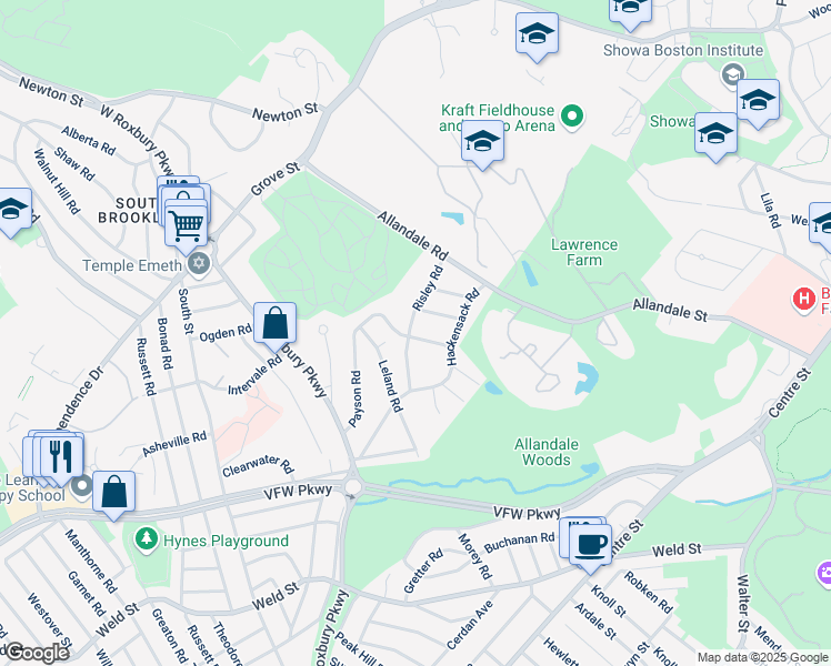 map of restaurants, bars, coffee shops, grocery stores, and more near 29 Payson Road in Brookline