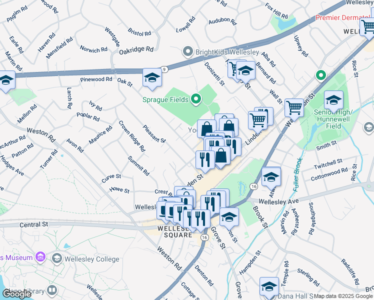 map of restaurants, bars, coffee shops, grocery stores, and more near 29B Oak Street in Wellesley