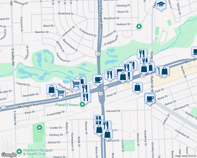 map of restaurants, bars, coffee shops, grocery stores, and more near 1301 South Telegraph Road in Dearborn