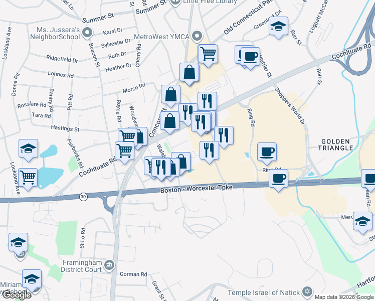 map of restaurants, bars, coffee shops, grocery stores, and more near 10 Greenview Street in Framingham