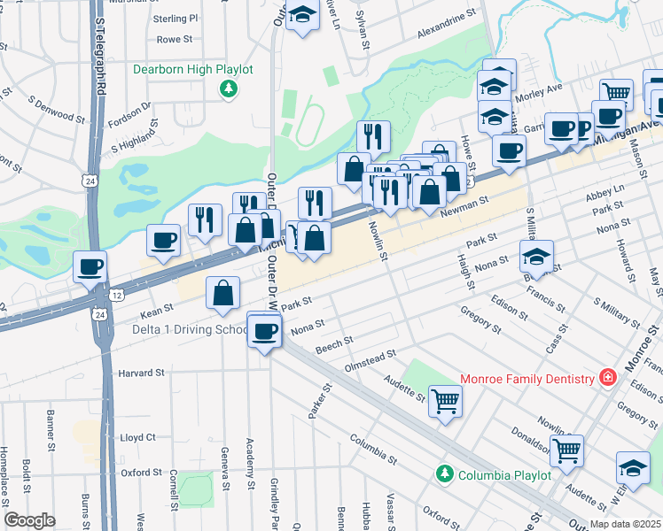 map of restaurants, bars, coffee shops, grocery stores, and more near 23153 Michigan Avenue in Dearborn