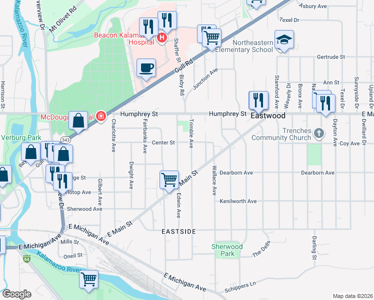 map of restaurants, bars, coffee shops, grocery stores, and more near 1004 Hazard Avenue in Kalamazoo