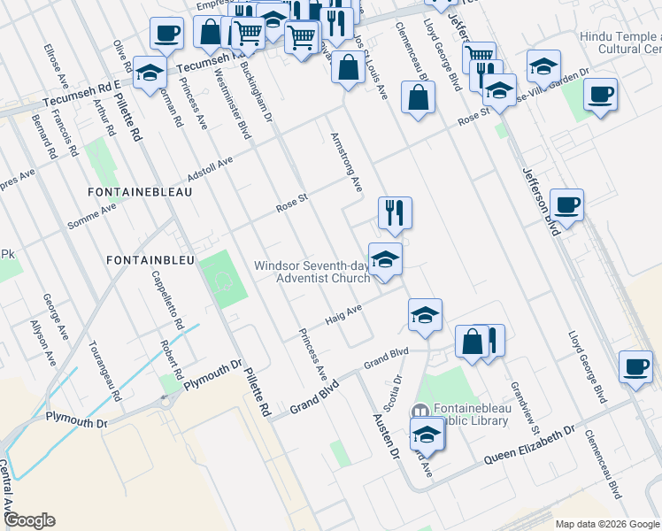 map of restaurants, bars, coffee shops, grocery stores, and more near 2708 Buckingham Drive in Windsor