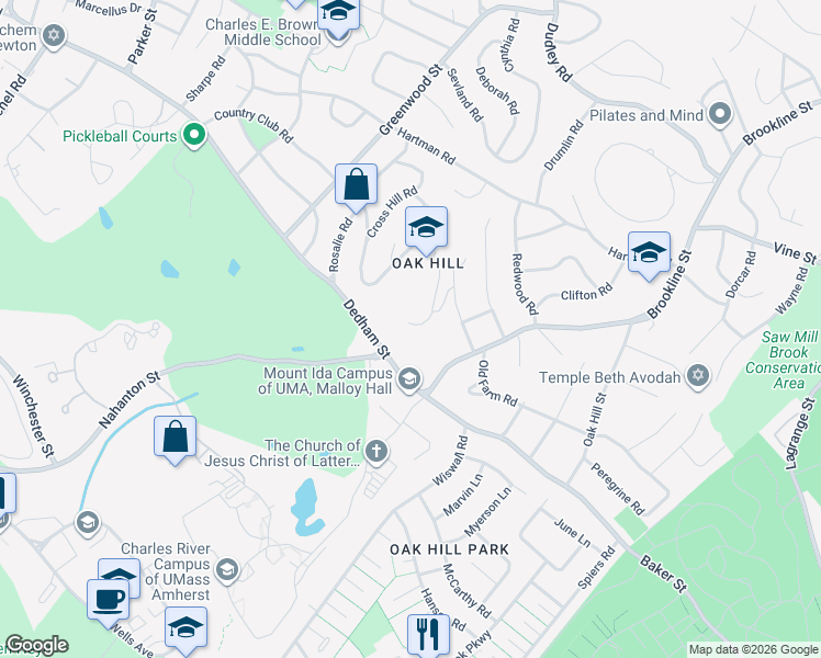 map of restaurants, bars, coffee shops, grocery stores, and more near 26 Ober Road in Newton