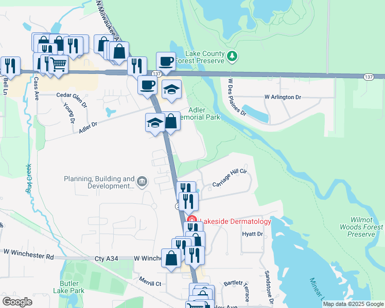 map of restaurants, bars, coffee shops, grocery stores, and more near 1500 North Milwaukee Avenue in Libertyville