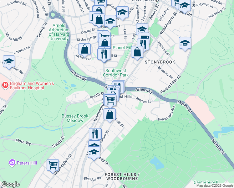 map of restaurants, bars, coffee shops, grocery stores, and more near New Washington Street in Boston