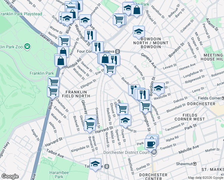 map of restaurants, bars, coffee shops, grocery stores, and more near 12 Trinity Terrace in Boston