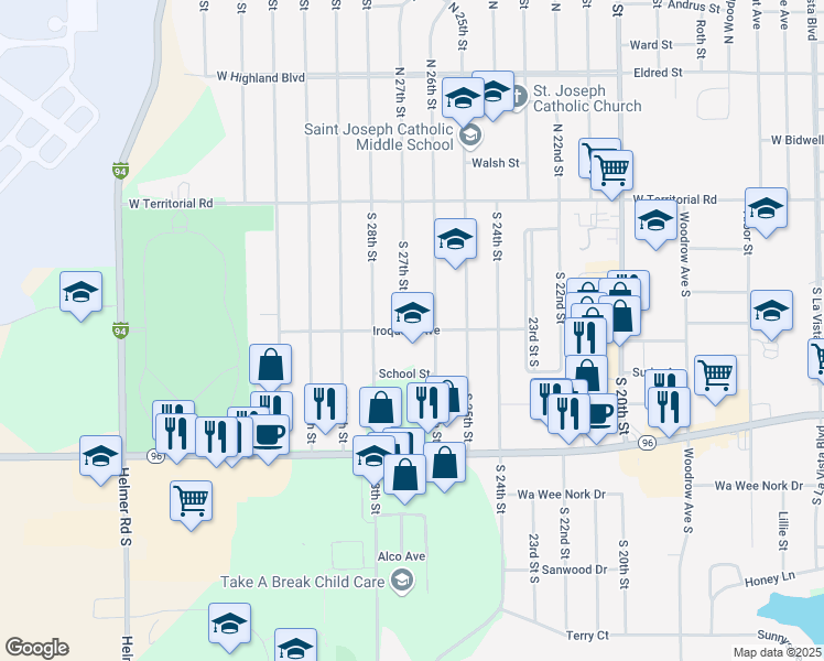 map of restaurants, bars, coffee shops, grocery stores, and more near 1675 Iroquois Avenue in Battle Creek