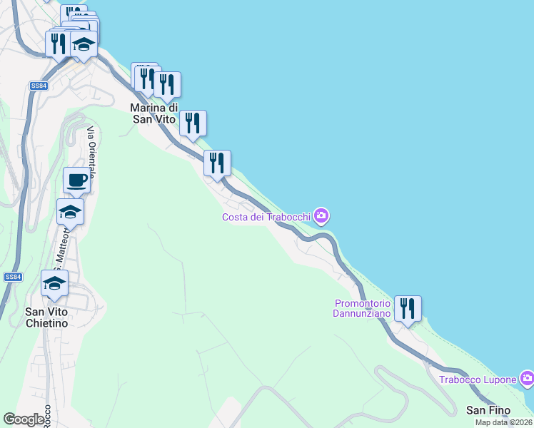 map of restaurants, bars, coffee shops, grocery stores, and more near 84 Contrada Portelle in Marina di San Vito