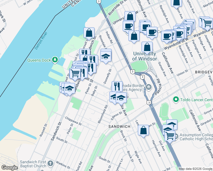 map of restaurants, bars, coffee shops, grocery stores, and more near 530 Mill Street in Windsor