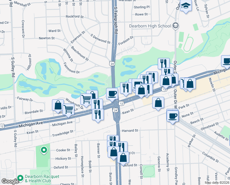 map of restaurants, bars, coffee shops, grocery stores, and more near 1301 South Telegraph Road in Dearborn