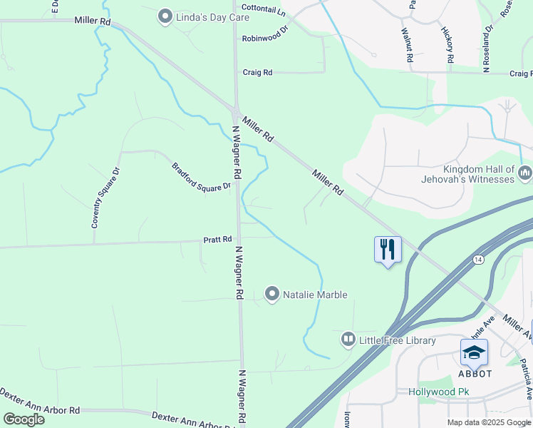 map of restaurants, bars, coffee shops, grocery stores, and more near 1030 North Wagner Road in Ann Arbor