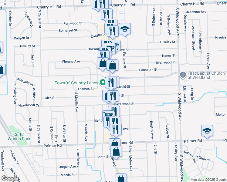 map of restaurants, bars, coffee shops, grocery stores, and more near 1055 South Wayne Road in Westland