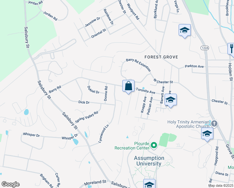map of restaurants, bars, coffee shops, grocery stores, and more near 92 Lynnwood Lane in Worcester