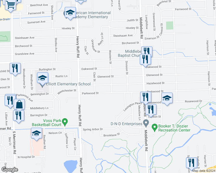 map of restaurants, bars, coffee shops, grocery stores, and more near 29929 Hazelwood Street in Inkster