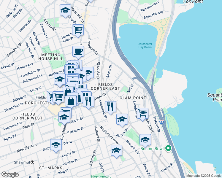 map of restaurants, bars, coffee shops, grocery stores, and more near 48 Beach Street in Boston