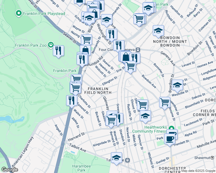 map of restaurants, bars, coffee shops, grocery stores, and more near 90 Ellington Street in Boston