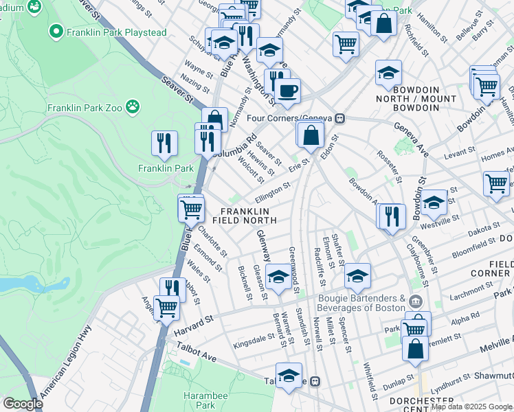 map of restaurants, bars, coffee shops, grocery stores, and more near 90 Ellington Street in Boston