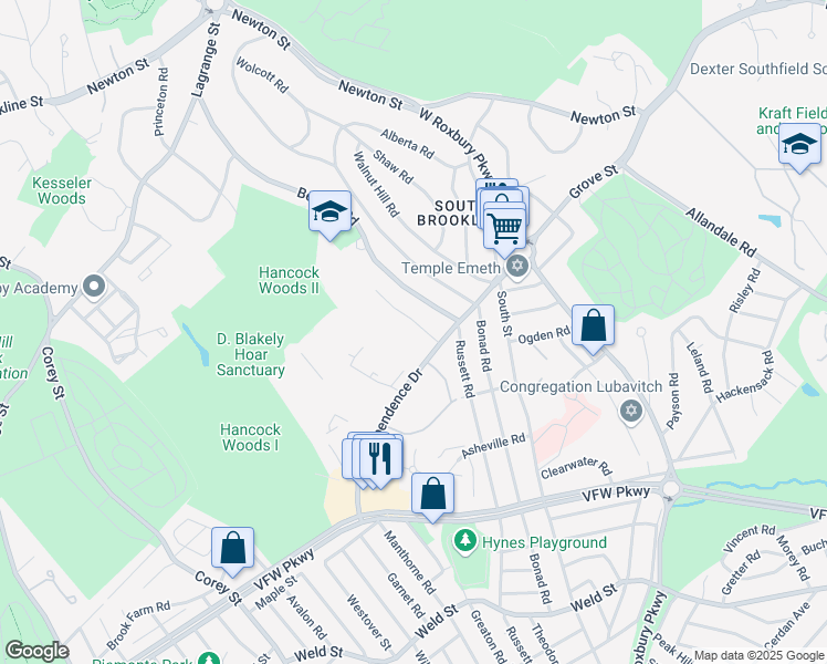 map of restaurants, bars, coffee shops, grocery stores, and more near 271 Beverly Road in Brookline