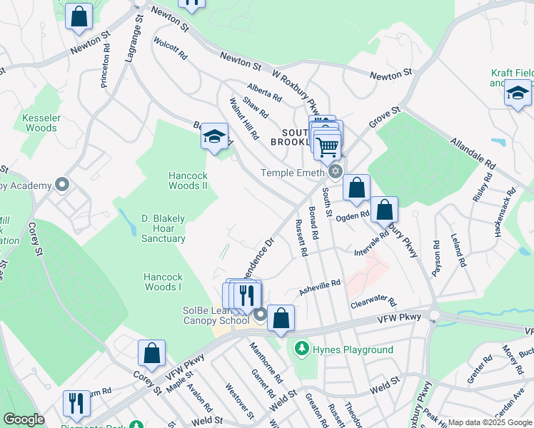 map of restaurants, bars, coffee shops, grocery stores, and more near 271 Beverly Road in Brookline