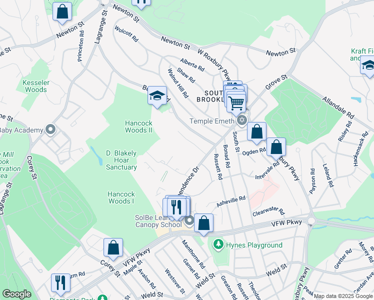 map of restaurants, bars, coffee shops, grocery stores, and more near 149 Gerry Road in Brookline
