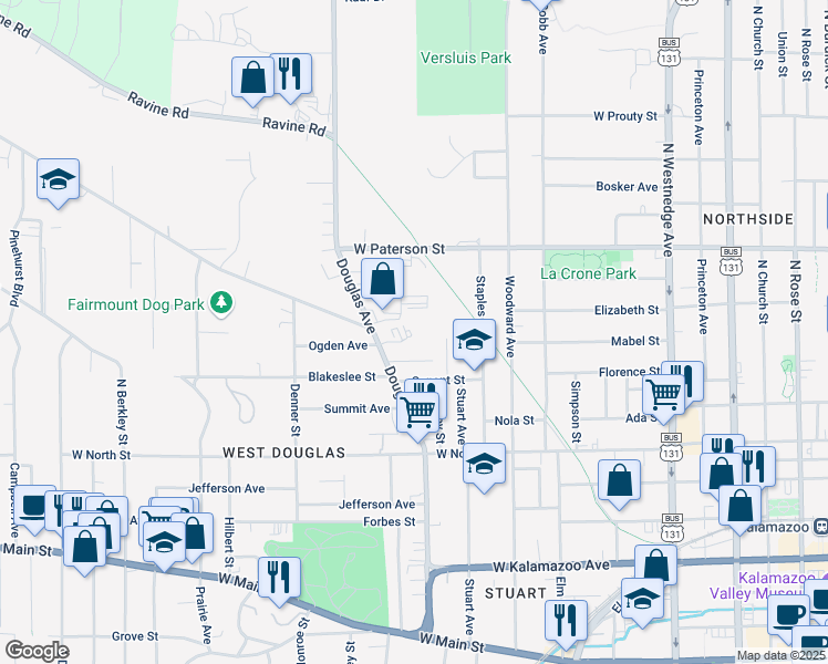 map of restaurants, bars, coffee shops, grocery stores, and more near 1114 Douglas Avenue in Kalamazoo