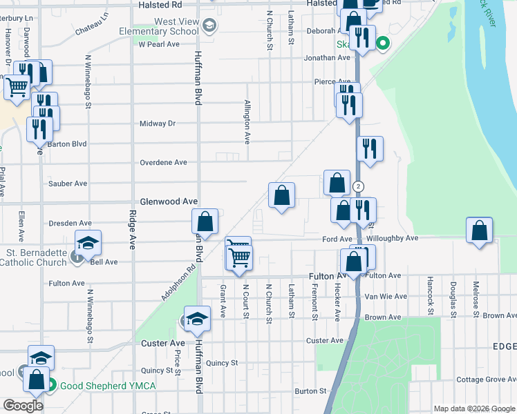 map of restaurants, bars, coffee shops, grocery stores, and more near in Machesney Park