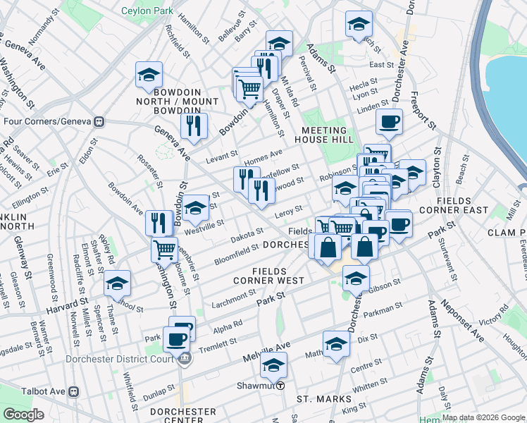 map of restaurants, bars, coffee shops, grocery stores, and more near 141 Westville Street in Boston