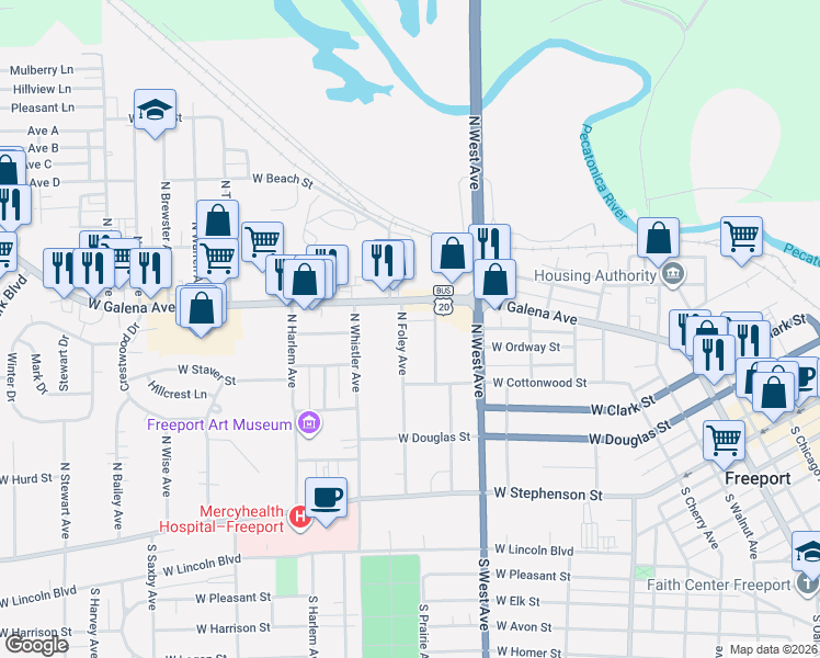 map of restaurants, bars, coffee shops, grocery stores, and more near 888 West Galena Avenue in Freeport