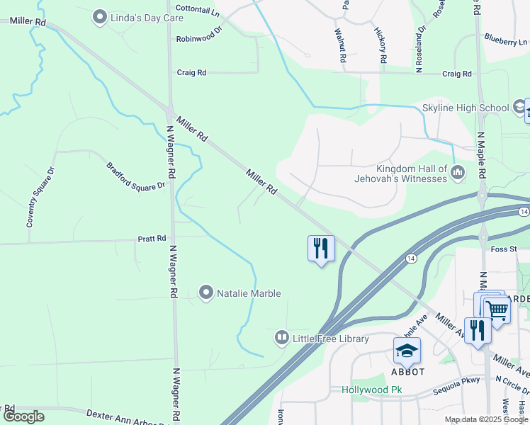 map of restaurants, bars, coffee shops, grocery stores, and more near 3165 Miller Road in Ann Arbor