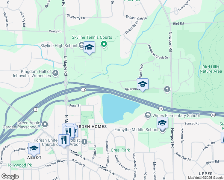 map of restaurants, bars, coffee shops, grocery stores, and more near Michigan 14 in Ann Arbor