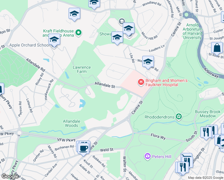 map of restaurants, bars, coffee shops, grocery stores, and more near 90 Allandale Street in Boston