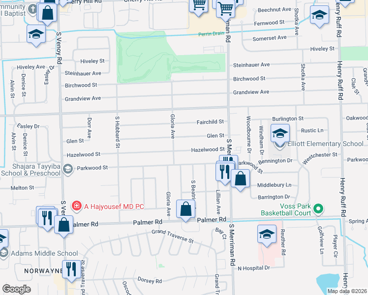 map of restaurants, bars, coffee shops, grocery stores, and more near 31751 Glen Street in Westland